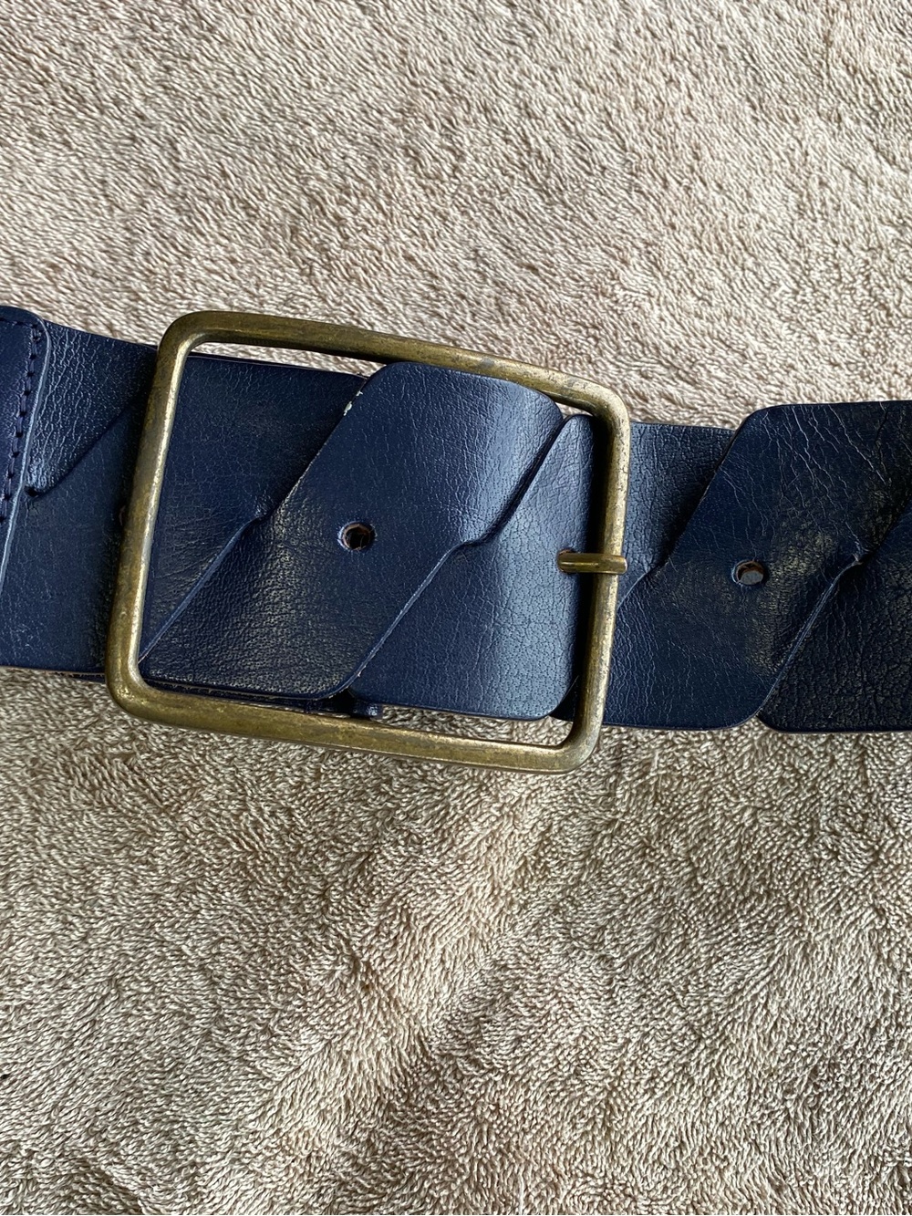 Vintage Accessorize Y2K Navy Blue Genuine Leather Belt - Gold Brass Buckle